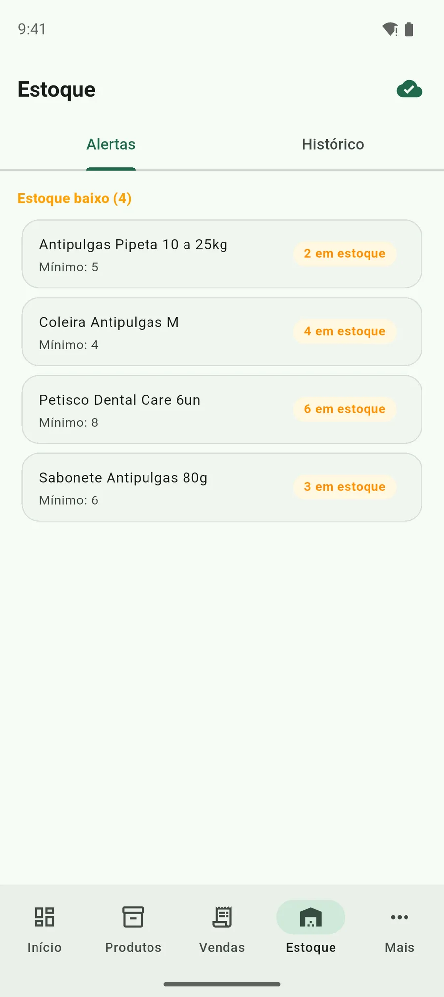 Tela de alertas de estoque do aplicativo Vendaí, listando quatro produtos abaixo do estoque mínimo