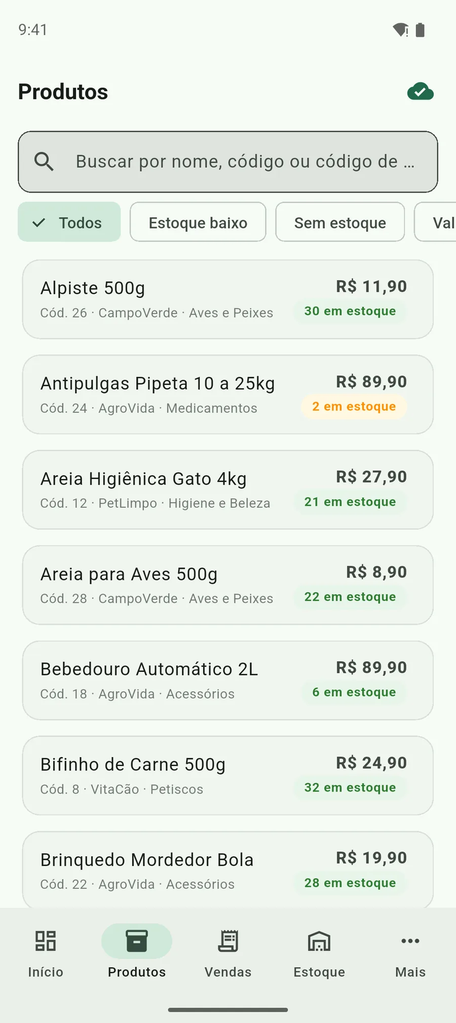 Consulta de produtos no aplicativo Vendaí, com preço, marca, categoria e saldo em estoque de cada item