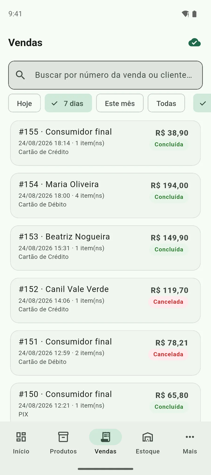Lista de vendas no aplicativo Vendaí, com número, cliente, valor, forma de pagamento e situação de cada venda