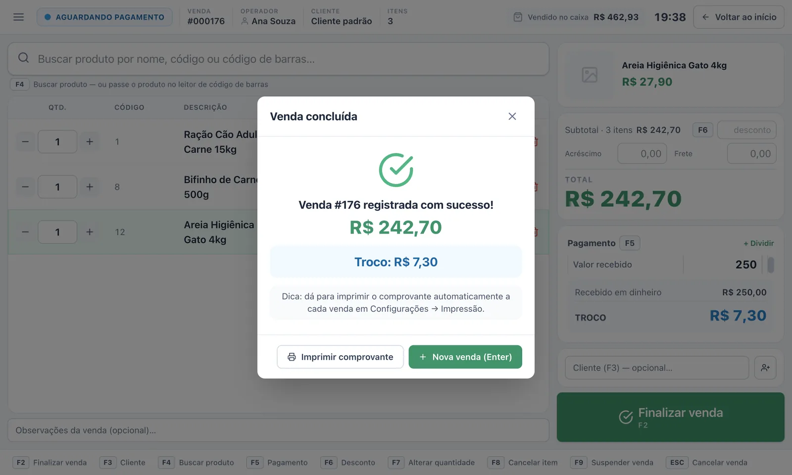 PDV do Vendaí confirmando uma venda com total e troco